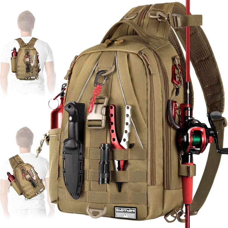 Ghosthorn Fishing Backpack Tackle Sling Bag-Backpack with Rod Holder- Lightweight Tackle Box Fly Fishing Gifts for Men Women (C.Khaki) - Image 1